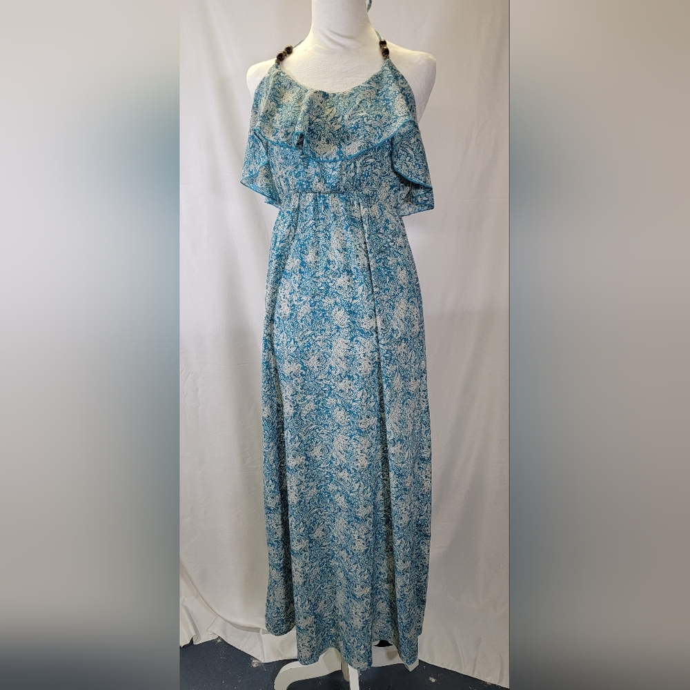 Hello Miss Teal Blue Floral Paisely Beaded Halter Ruffle Neck Sleeveless Dress S
